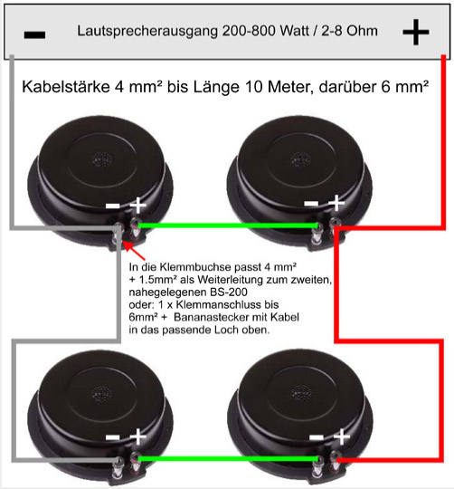 Anschlussvariante für 4 Bass - Body Shaker (Körperschellwandler) auf 4 Ohm Gesamtwiderstand in einer Reihen/Parallelschaltung
